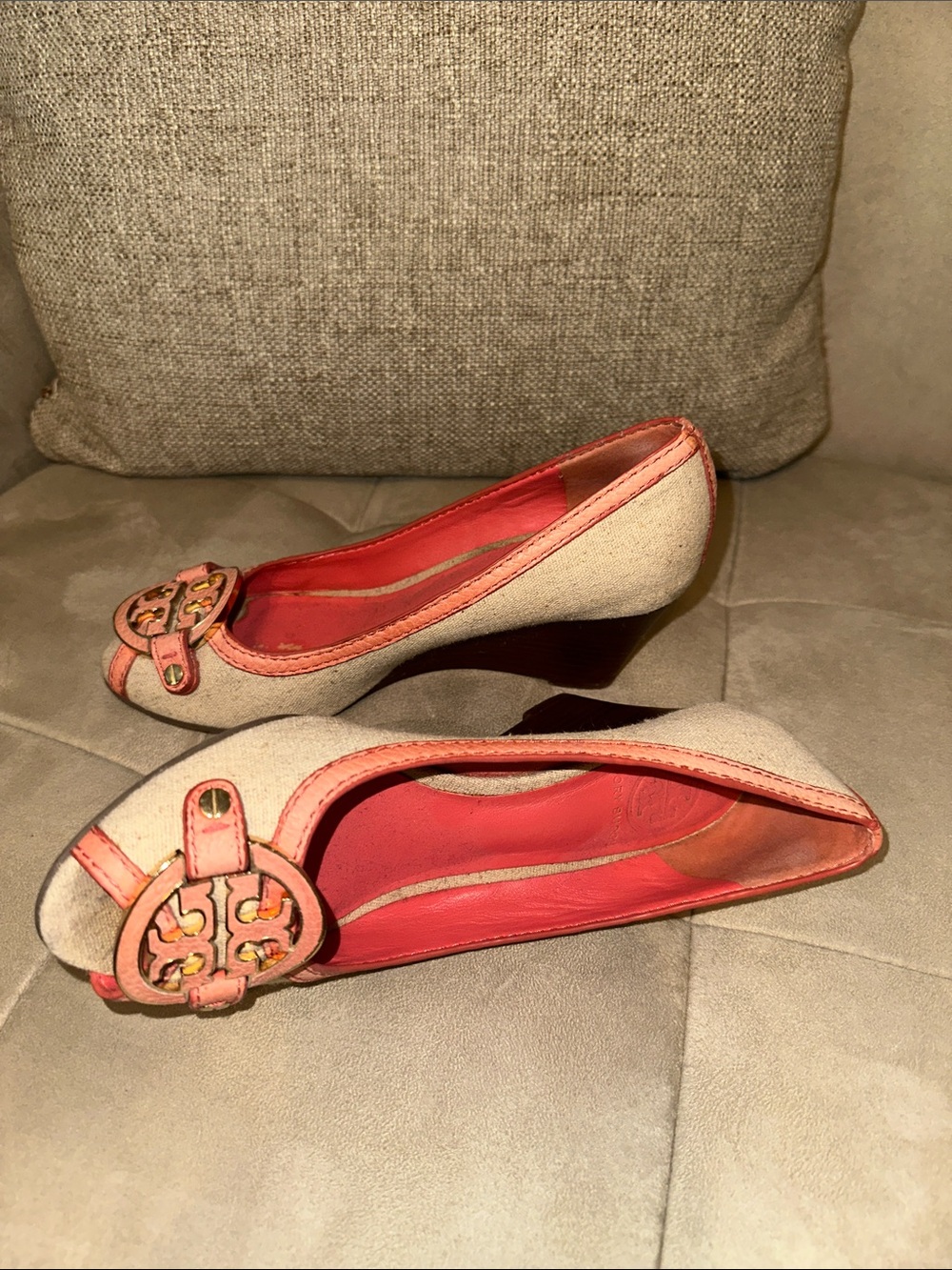 Tory Burch Women's Beige and Coral Peep-Toe Wedge Flats